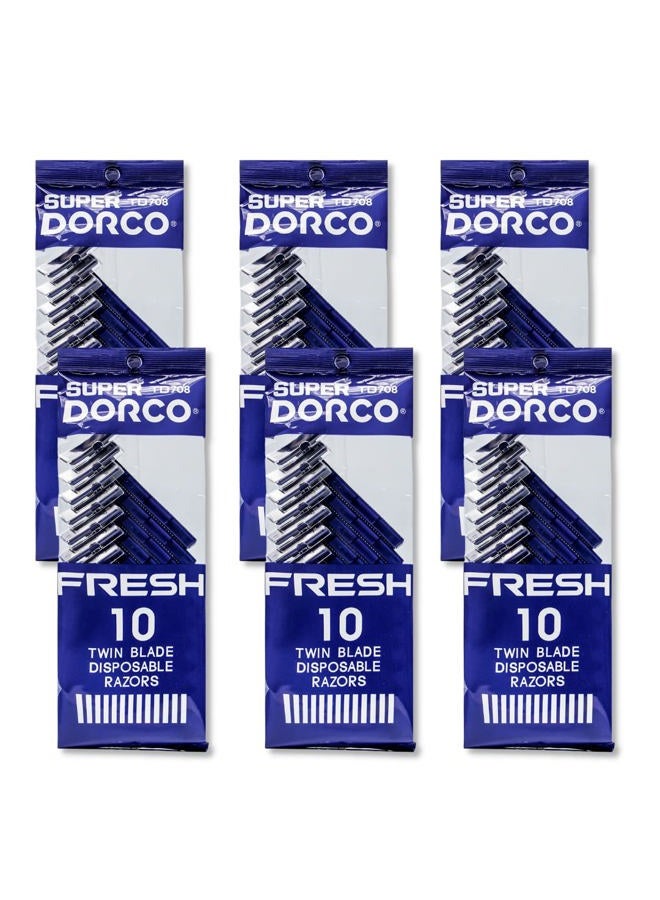 Dorco Fresh Twin Blade Disposable Razors (6 Pack) – Smooth & Comfortable Shave for Men and Women | Non-Slip Handle, Pivoting Head, Lubricating Strip | Ideal for Sensitive Skin & Travel - Image 1