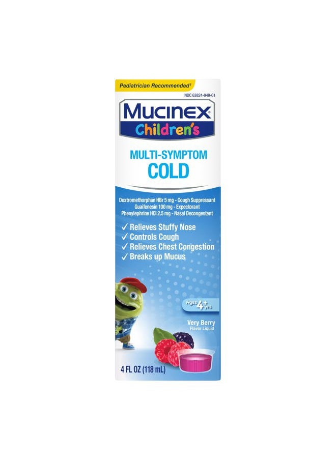 MUCINEX Children's Multi-Symptom Cold Medicine, Kids Cough Medicine, Mucinex Kids Medicine/Decongestant with Dextromethorphan HBr, Guaifenesin, Phenylephrine HCl, Very Berry Flavor Liquid, 4 Fl Oz  - Image 1