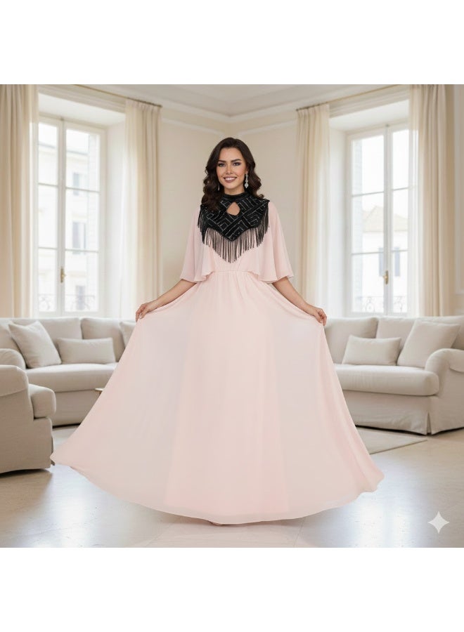 FULL JOY An elegant long dress in a light, flowing fabric with a distinctive collar and a touch of luxurious fringe. - Image 1