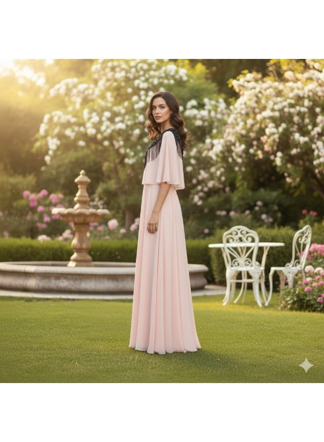 FULL JOY An elegant long dress in a light, flowing fabric with a distinctive collar and a touch of luxurious fringe. - Image 3