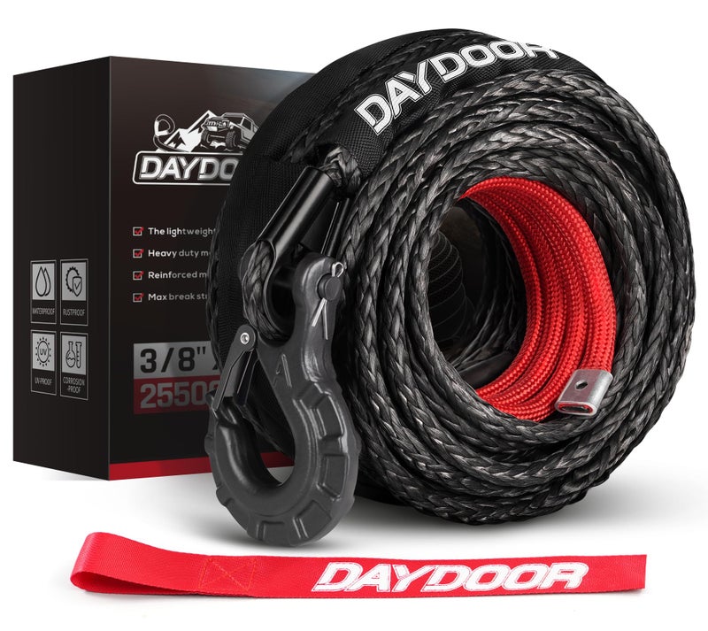 DAYDOOR Synthetic Winch Rope 38 Inch x 92ft 25500 LBS Synthetic Winch Line Synthetic Winch Cable for Offroad Vehicle 4WD SUV Jeep Synthetic Rope with Forged Winch HookGray