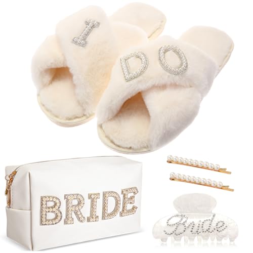 Shyyween 5 Pcs Bridal Gift Set Bride Makeup Bag I Do Bride Slippers Claw Hair Clip and Hairpins Accessories Wedding Engagement Gift Shower for Bridal Engagement Bachelorette Party - Image 1