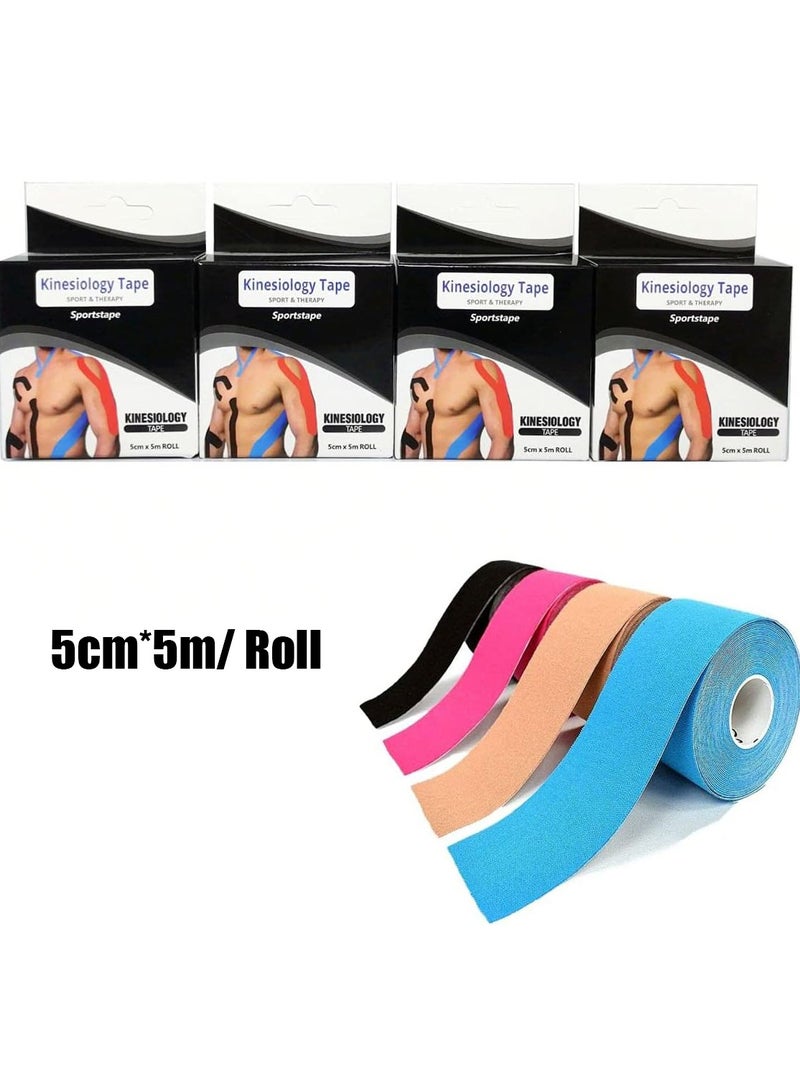 MJZ 4 Rolls Waterproof Breathable Sports Kinesiology Tape, Athletic Elastic Kneepad Muscle Tape, Muscle Pain Relief Knee Tape for Gym Fitness Running Tennis Swimming Football (Black, Skin, Pink, Light Blue) - Image 1