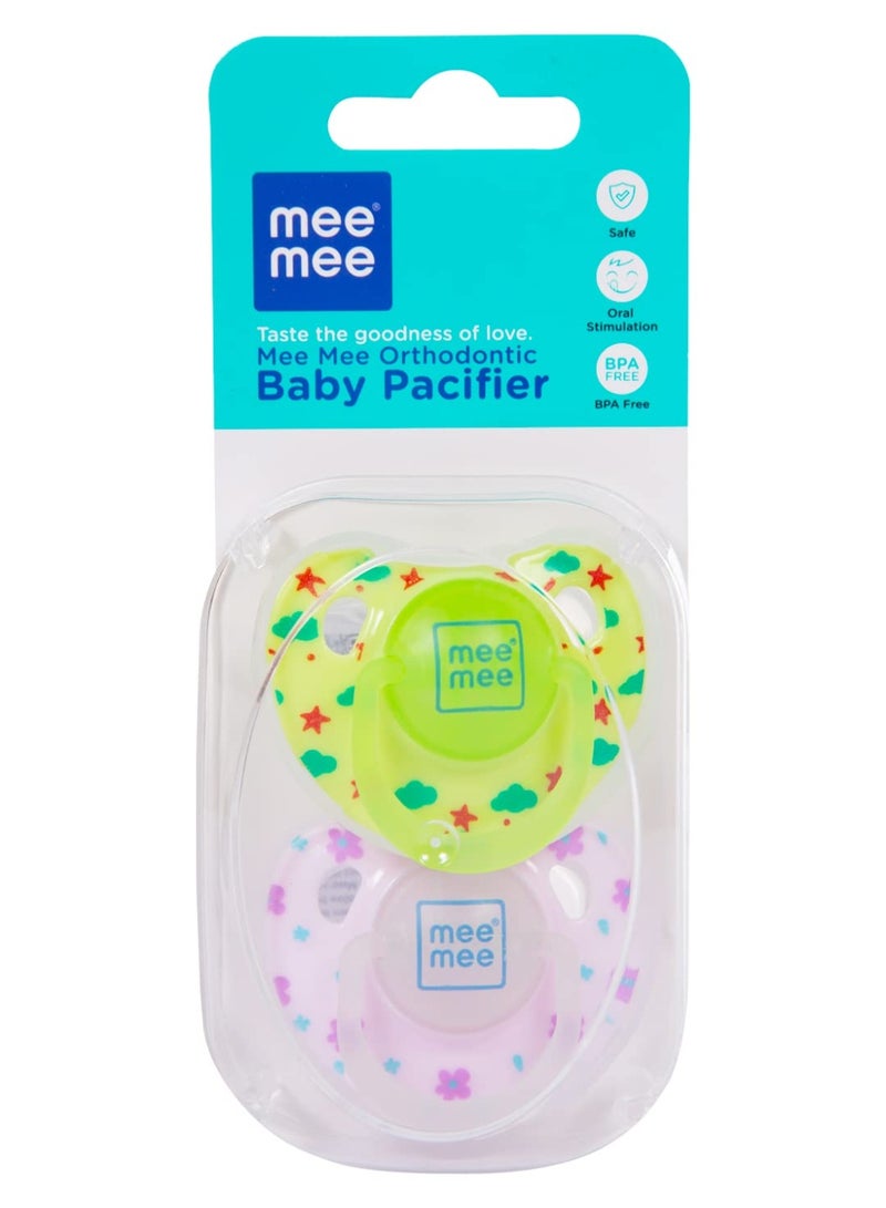 Mee Mee Baby Pacifier Pack of 2 | Ultra Light & Soft Silicone Orthodontic Design Nipple for Oral Stimulation | BPA-Free | Easy to Clean | Suitable for Infants | (Green & Pink) - Image 2