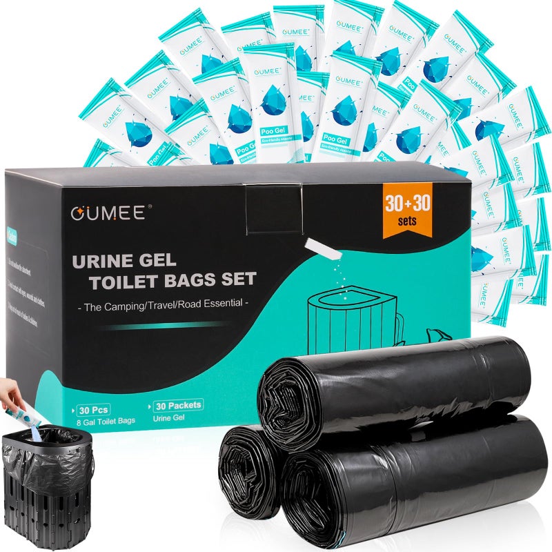 OUMEE 60 Portable Toilet Bags with Poo Gel Set, 8 Gallon Camping Toilet Bags with Absorbent Gels, Waste Bags, Leak-Proof Trash Bag for Camping Potty, Traveling - Image 1
