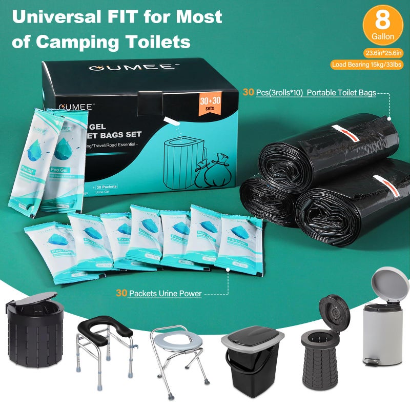OUMEE 60 Portable Toilet Bags with Poo Gel Set, 8 Gallon Camping Toilet Bags with Absorbent Gels, Waste Bags, Leak-Proof Trash Bag for Camping Potty, Traveling - Image 2