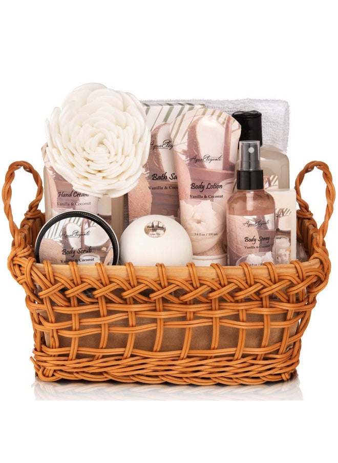 Aqua Elegante - Spa Baskets For Womenluxury Bath Set With Coconut & Vanillaspa Kit Includes Wash Bubble Bath Lotion Bath Salts Body Scrub Body Spray Shower Puff Bathbombs Soap And Towel - Image 1