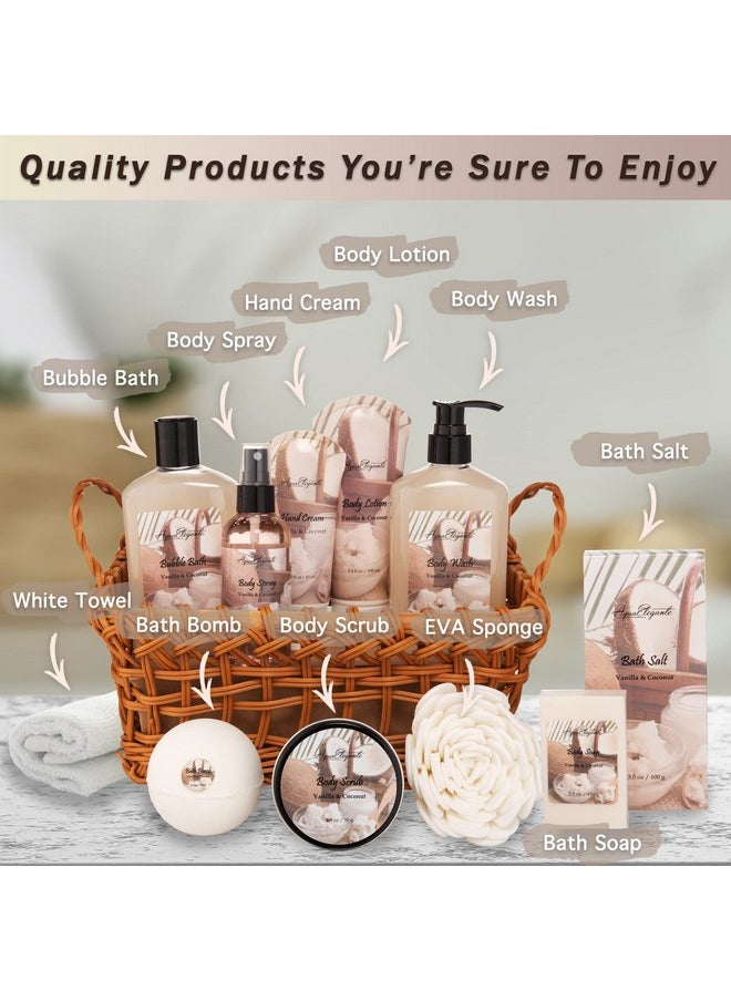 Aqua Elegante - Spa Baskets For Womenluxury Bath Set With Coconut & Vanillaspa Kit Includes Wash Bubble Bath Lotion Bath Salts Body Scrub Body Spray Shower Puff Bathbombs Soap And Towel - Image 1