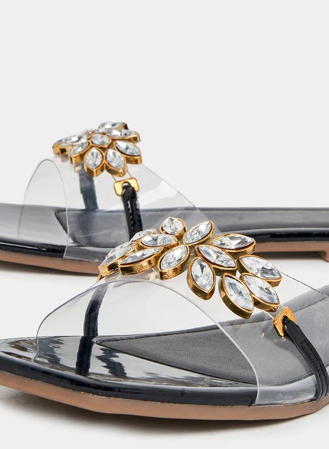 Styli Embellished Transparent Design Flat Sandals