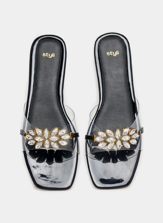 Styli Embellished Transparent Design Flat Sandals
