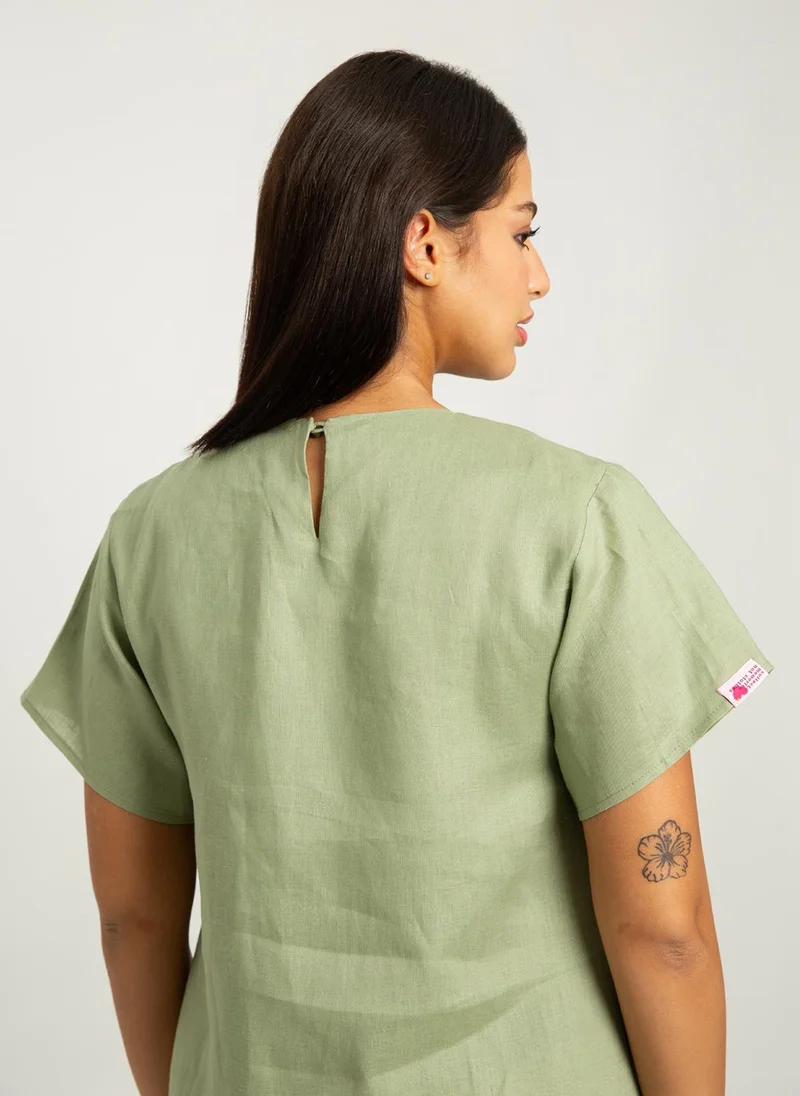 Kaafmeem Light Olive Short Sleeves Linen Dress