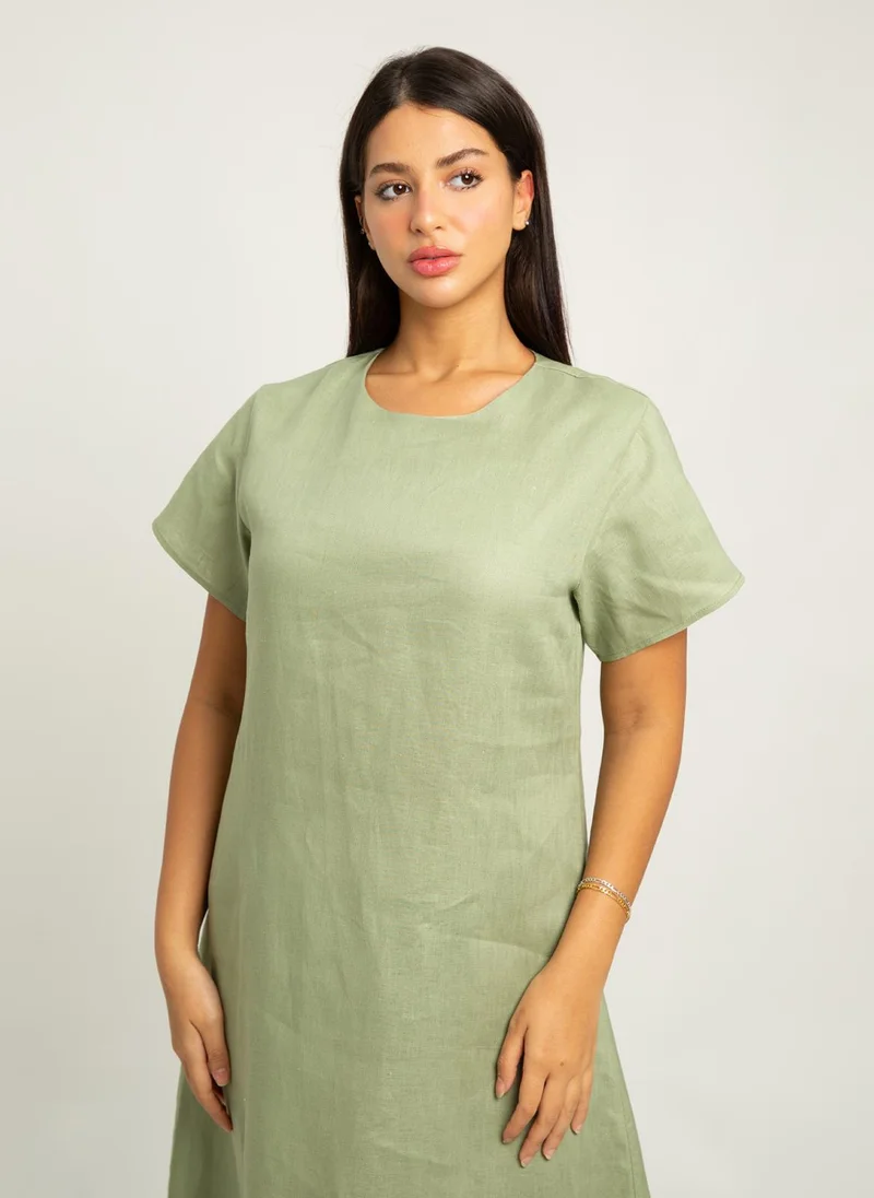 Kaafmeem Light Olive Short Sleeves Linen Dress