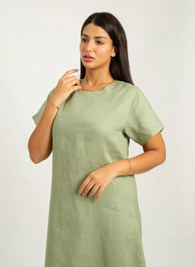 Kaafmeem Light Olive Short Sleeves Linen Dress