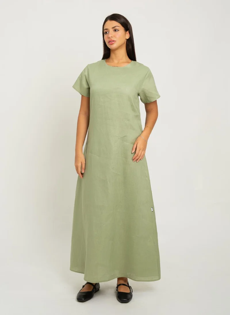 Kaafmeem Light Olive Short Sleeves Linen Dress