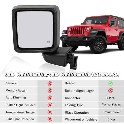 MOFOAP Driver Side Mirror for 2018-2023 Jeep Wrangler JL/2020 2021 2022 2023 Gladiator JT,Mirror Assembly with Heated,Manual Folding Without Turn Singal/Blind Spot,Replace 68281890AE 68281890AB - Image 5