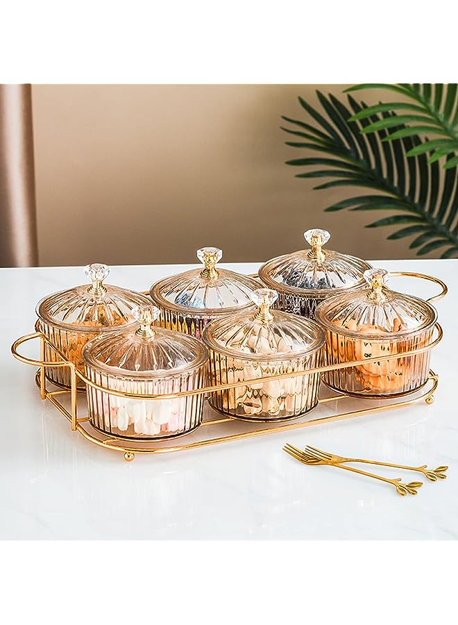 بروماس صينية تقديم المكسرات والحلوى، مجموعة من 6 قطع، صينية أوعية تخزين مع غطاء ورف مطلي بالذهب، طبق وجبات خفيفة لحفلات المنزل، صينية تقديم أكريليك خفيفة فاخرة لتزيين المنزل (مجموعة من 6 أوعية) - Image 1