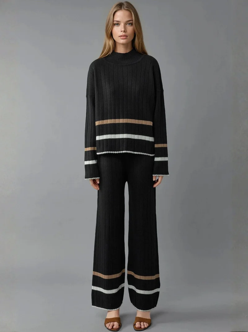 موضتي طقم نسائي محبوك مخطط بياقة نصف عالية وسروال واسع الساق