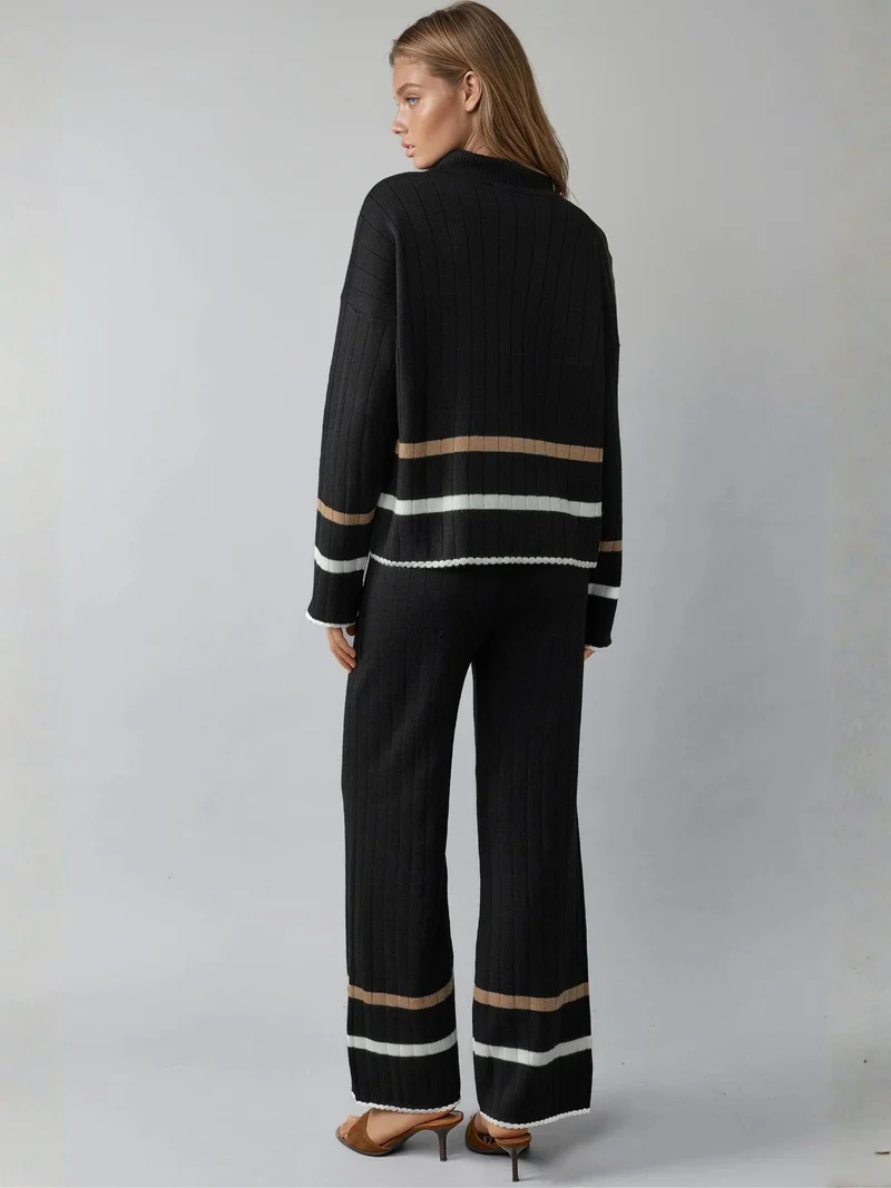 MY FASHION Black MY FASHION Half Turtleneck Sweater & Wide Leg Pants Striped Knit Co-Ord Set for Women | Best Price UAE