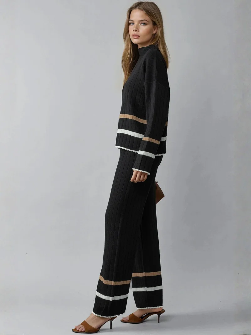 موضتي طقم نسائي محبوك مخطط بياقة نصف عالية وسروال واسع الساق