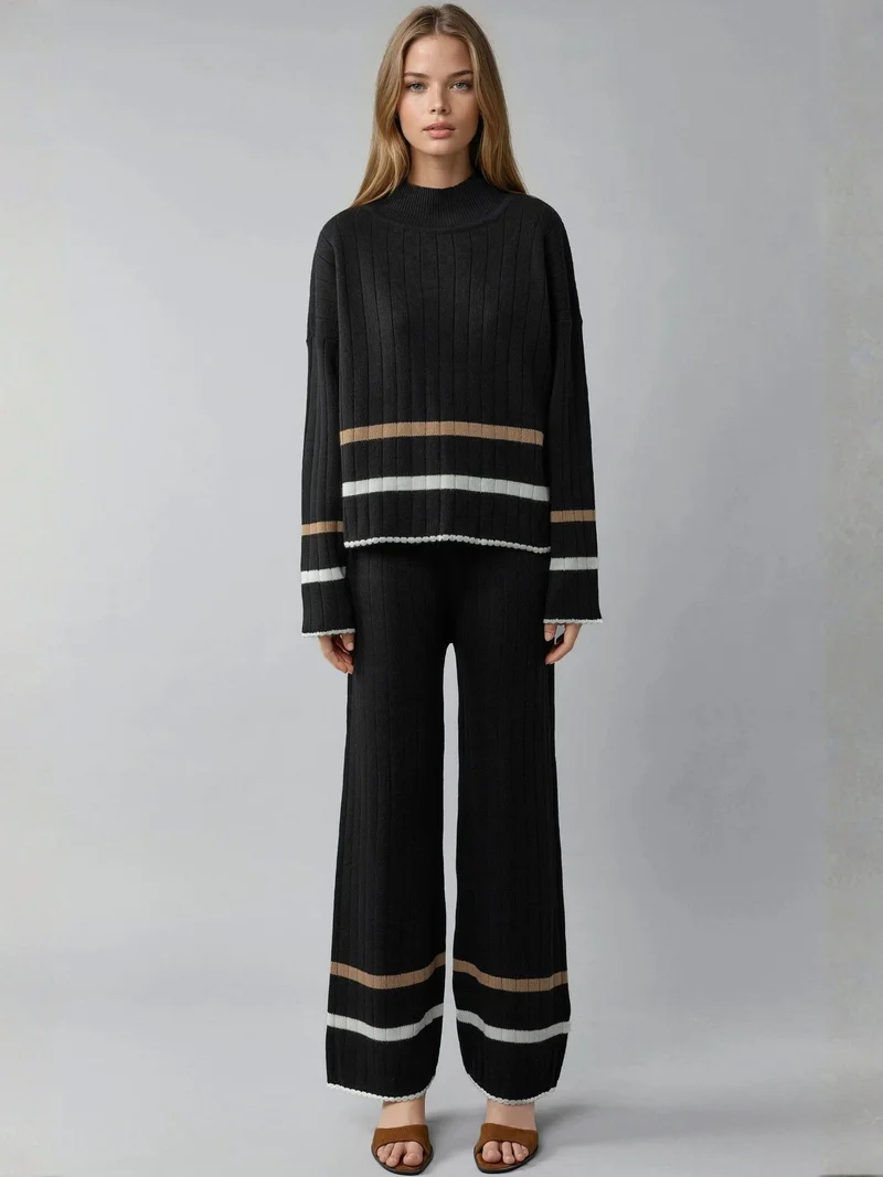 MY FASHION Black MY FASHION Half Turtleneck Sweater & Wide Leg Pants Striped Knit Co-Ord Set for Women | Best Price UAE