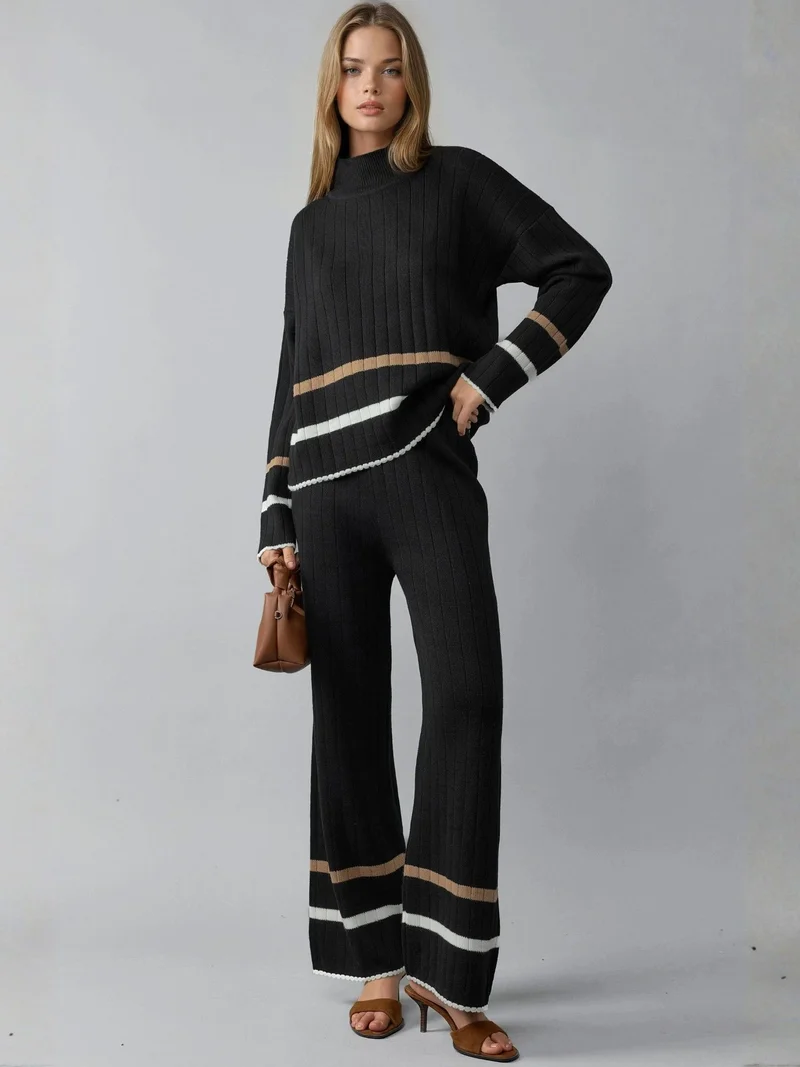 موضتي طقم نسائي محبوك مخطط بياقة نصف عالية وسروال واسع الساق