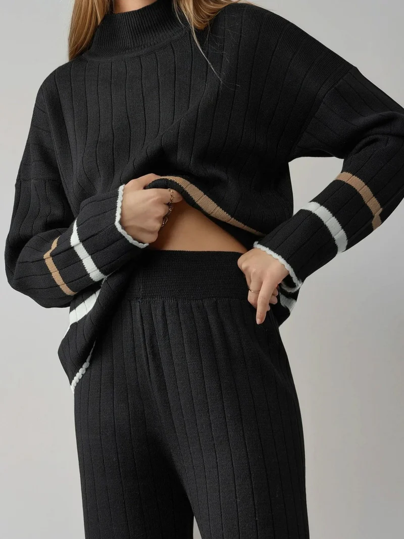MY FASHION Black MY FASHION Half Turtleneck Sweater & Wide Leg Pants Striped Knit Co-Ord Set for Women | Best Price UAE