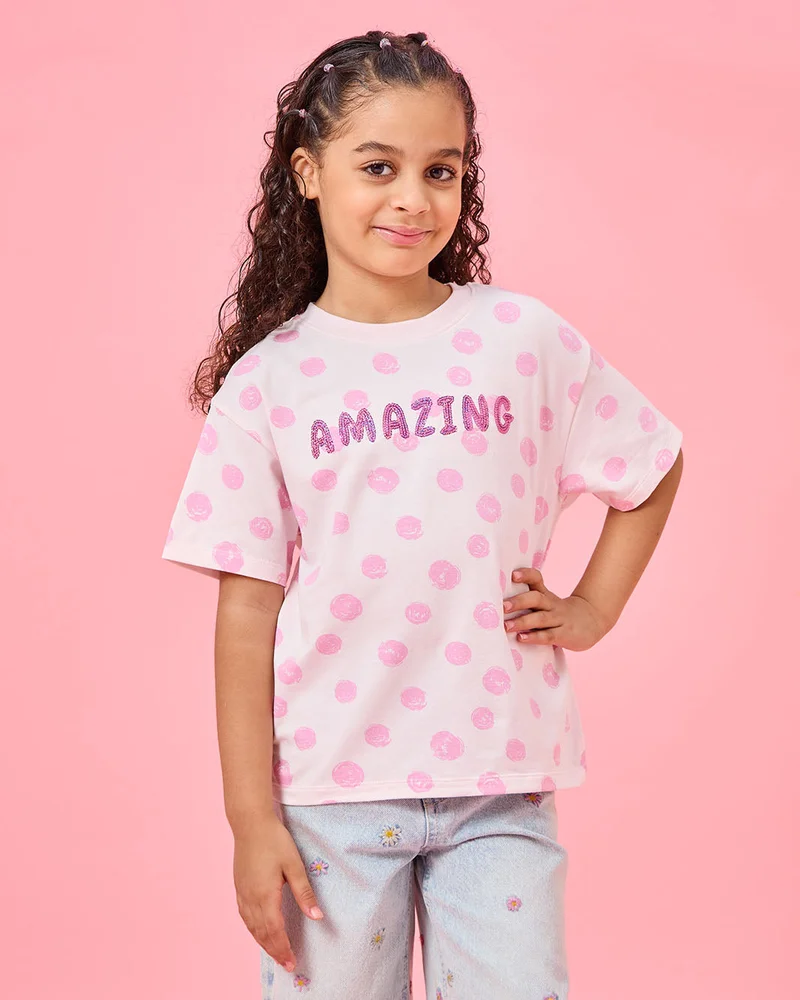 REDTAG Girls Pink Printed  T-Shirt