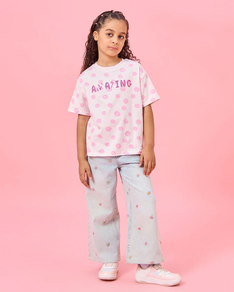 REDTAG Girls Pink Printed  T-Shirt