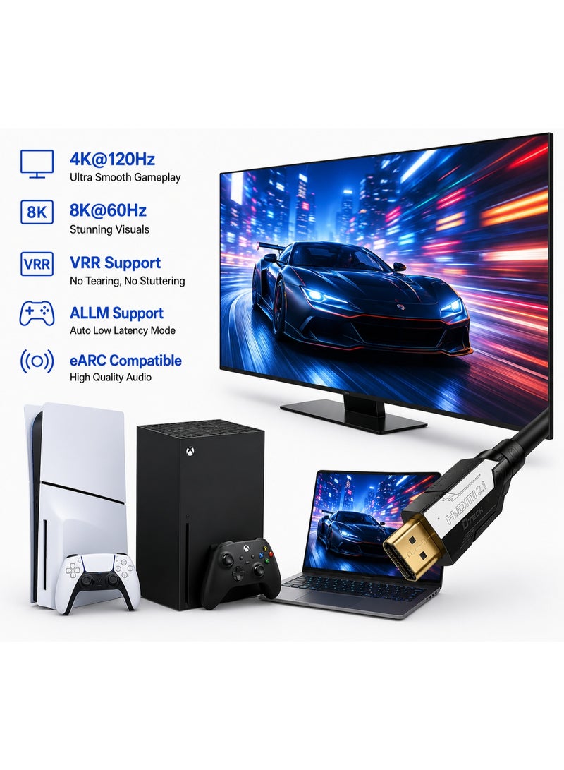 دي تك كابل 8K HDMI 2.1 بطول 3 أمتار، فائق السرعة، يدعم دقة 8K بمعدل 60 هرتز، و4K بمعدل 120 هرتز، و2K بمعدل 240 هرتز، و1080P بمعدل 240 هرتز، بسرعة نقل بيانات تصل إلى 48 جيجابت في الثانية، ويدعم HDR، وeARC، وHDCP، وDolby Vision، وتقنية 3D. متوافق مع أجهزة PS5 وPS4 وXbox Switch والتلفزيونات والشاشات وأجهزة العرض وأجهزة الكمبيوتر المحمولة. اللون: أسود - Image 4