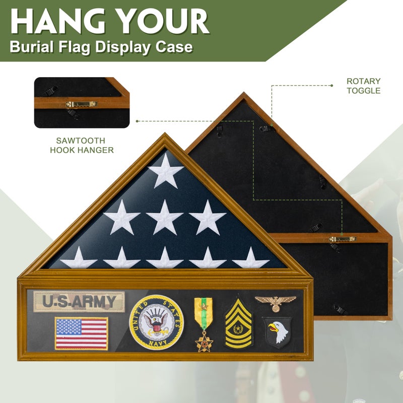 DANF FLAG Large Burial Flag Display Case Veteran Military Medal Shadow Box Fits 5' x 9.5' Folded American Funeral Flag Wooden Memorial Display Frame Gift for Grandfathers, Fathers, Comrade-in-arms, Brown - Image 4