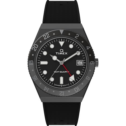 TIMEX ساعة تيمكس للرجال Q GMT 38 مم ثلاثية سوداء مع حزام مطاطي - Image 1