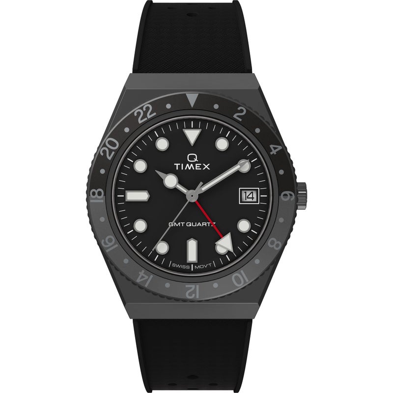 TIMEX ساعة تيمكس للرجال Q GMT 38 مم ثلاثية سوداء مع حزام مطاطي - Image 2