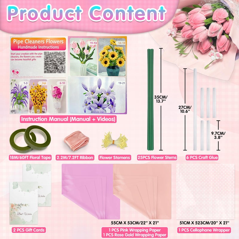 LINAYE 500 PCS Pipe Cleaners Craft, 6 Colors Pipe Cleaners Flowers Kit, Chenille Stems for Crafts with Instruction Wrapping Paper, Flower Stamens, Stems Art and Craft Supplies Pink (12inch x 6mm) - Image 3