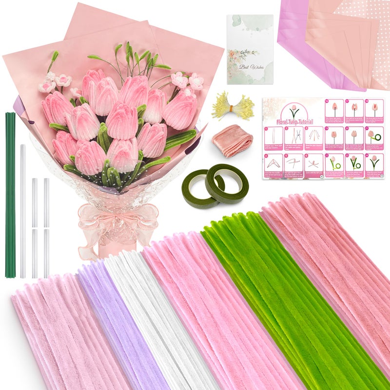 LINAYE 500 PCS Pipe Cleaners Craft, 6 Colors Pipe Cleaners Flowers Kit, Chenille Stems for Crafts with Instruction Wrapping Paper, Flower Stamens, Stems Art and Craft Supplies Pink (12inch x 6mm) - Image 1