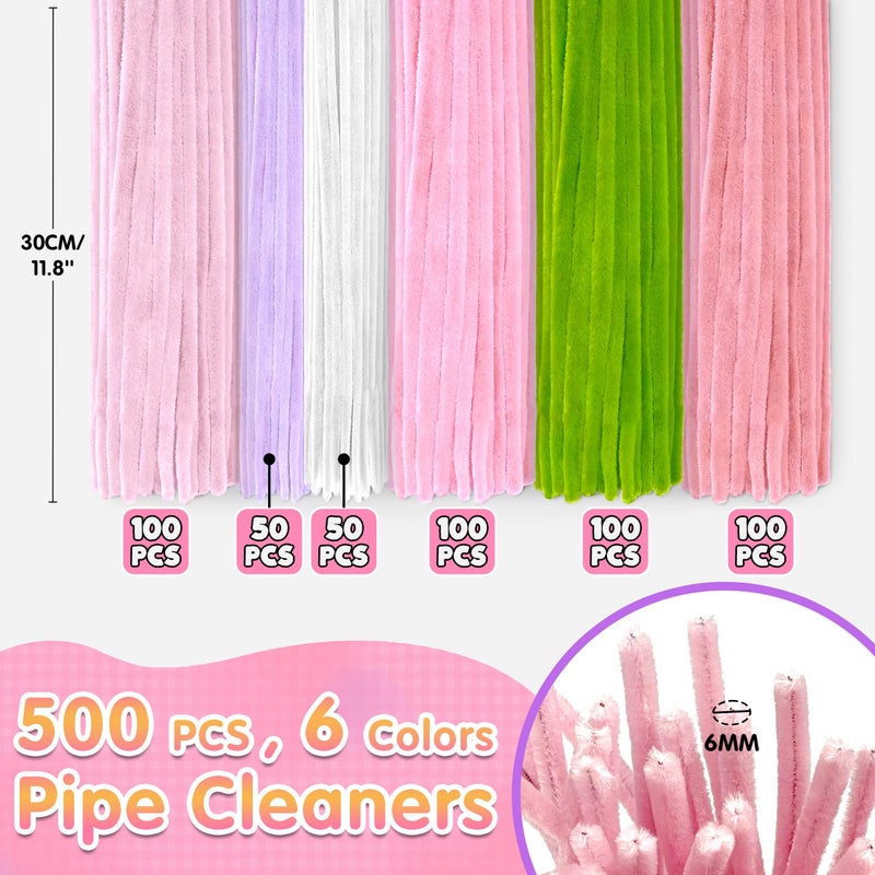 LINAYE 500 PCS Pipe Cleaners Craft, 6 Colors Pipe Cleaners Flowers Kit, Chenille Stems for Crafts with Instruction Wrapping Paper, Flower Stamens, Stems Art and Craft Supplies Pink (12inch x 6mm) - Image 2