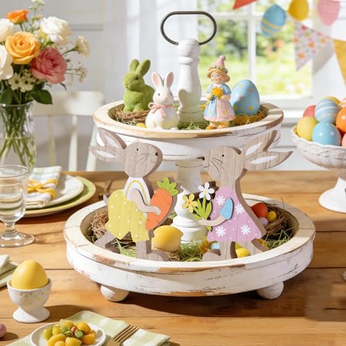 WellSign 2Pcs Easter Bunny Table Wooden Sign Decorations for Home, Farmhouse Rustic Wood Rabbit Tiered Tray Decor for Tabletop Shelf Mantel Happy Spring Party Outdoor Indoor, Easter Gifts for Kids - Image 2