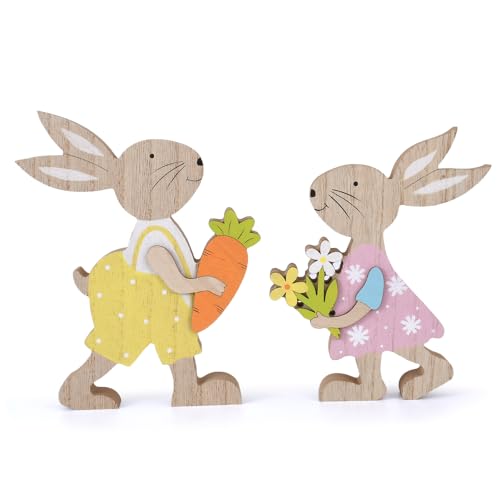 WellSign 2Pcs Easter Bunny Table Wooden Sign Decorations for Home, Farmhouse Rustic Wood Rabbit Tiered Tray Decor for Tabletop Shelf Mantel Happy Spring Party Outdoor Indoor, Easter Gifts for Kids - Image 1