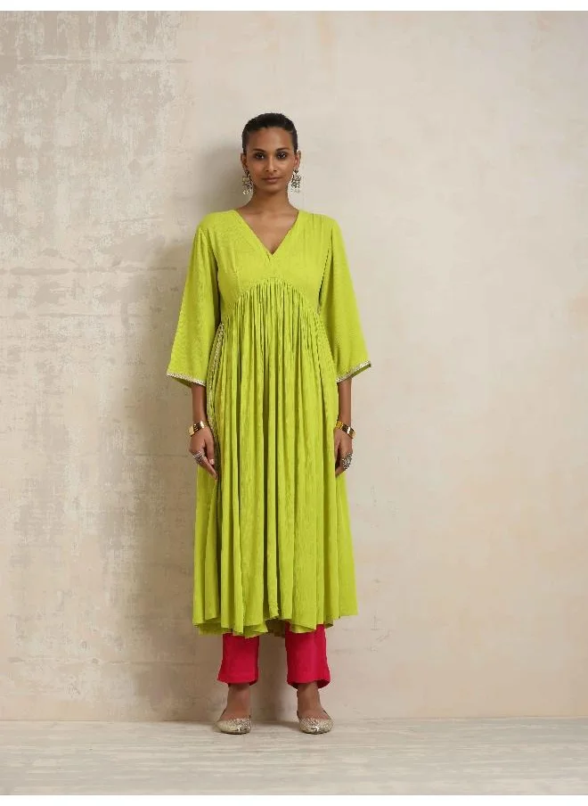 ترو برونز trueBrowns Lime Crinkle Anarkali Flared Kurta Set