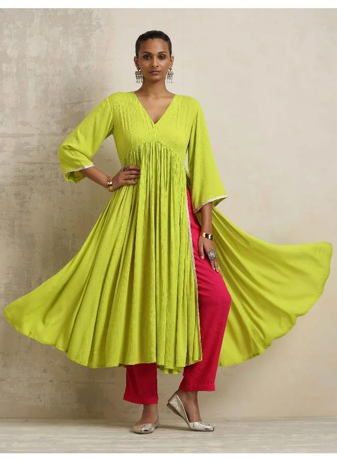 ترو برونز trueBrowns Lime Crinkle Anarkali Flared Kurta Set