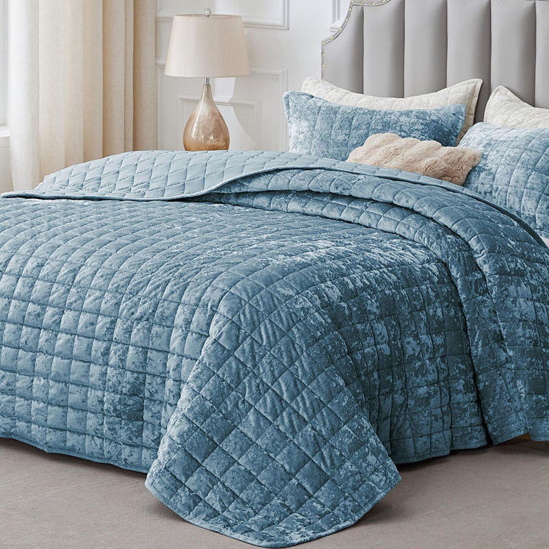 BEDELITE Velvet Quilt Set King Size - Luxury Velvet Comforter Bedding Set 3 Pieces, Lightweight Soft Cozy Shiny Dusty Blue Oversized Bedspread Coverlet for All Seasons with 2 Pillow Shams - Image 1