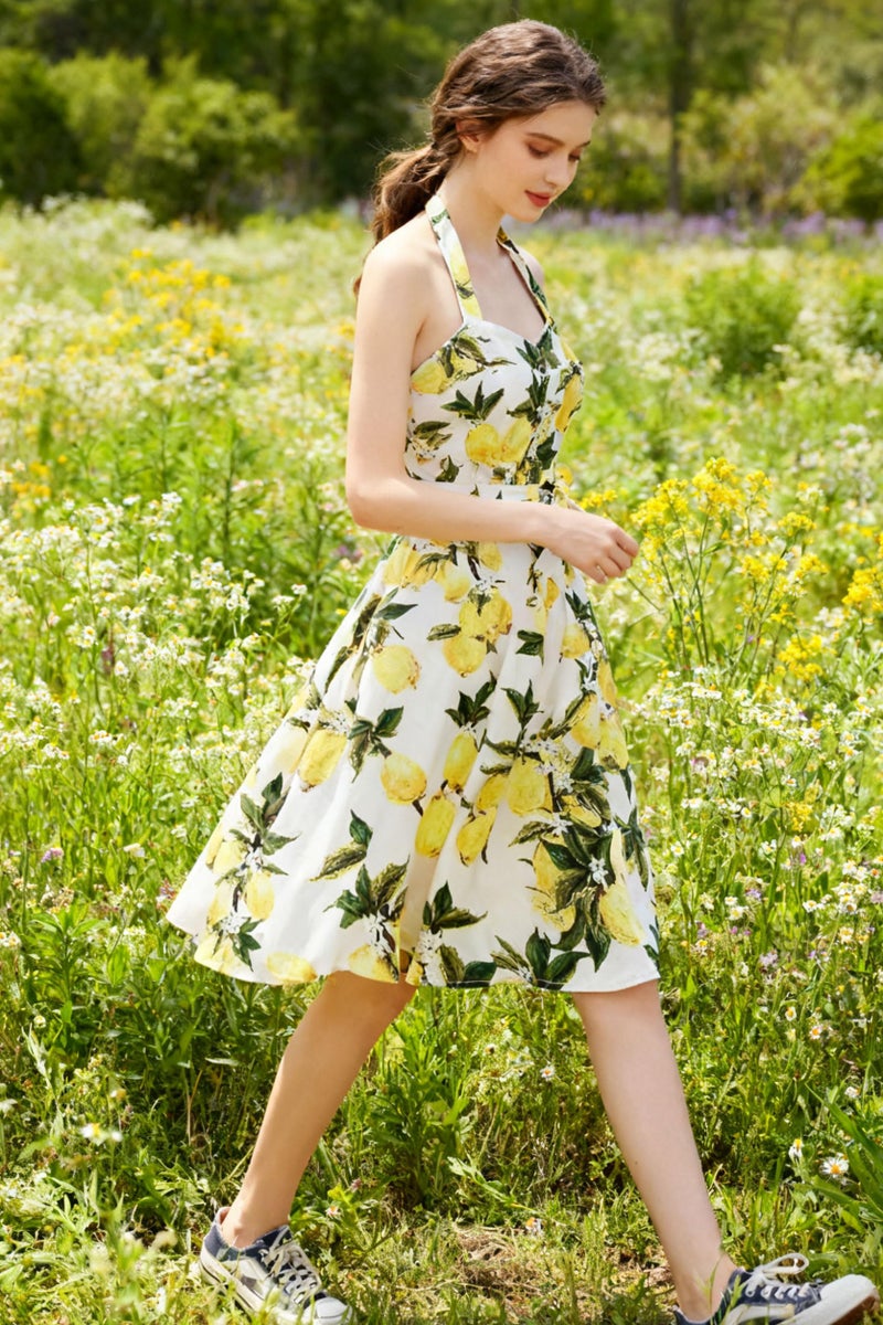 Topdress Women's Vintage Polka Audrey Dress 1950s Halter Retro Cocktail Dress White Lemon M - Image 5