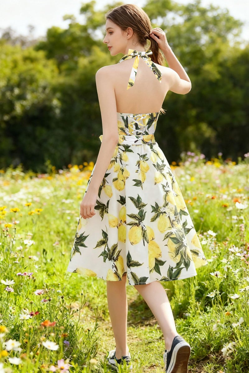 Topdress Women's Vintage Polka Audrey Dress 1950s Halter Retro Cocktail Dress White Lemon M - Image 3