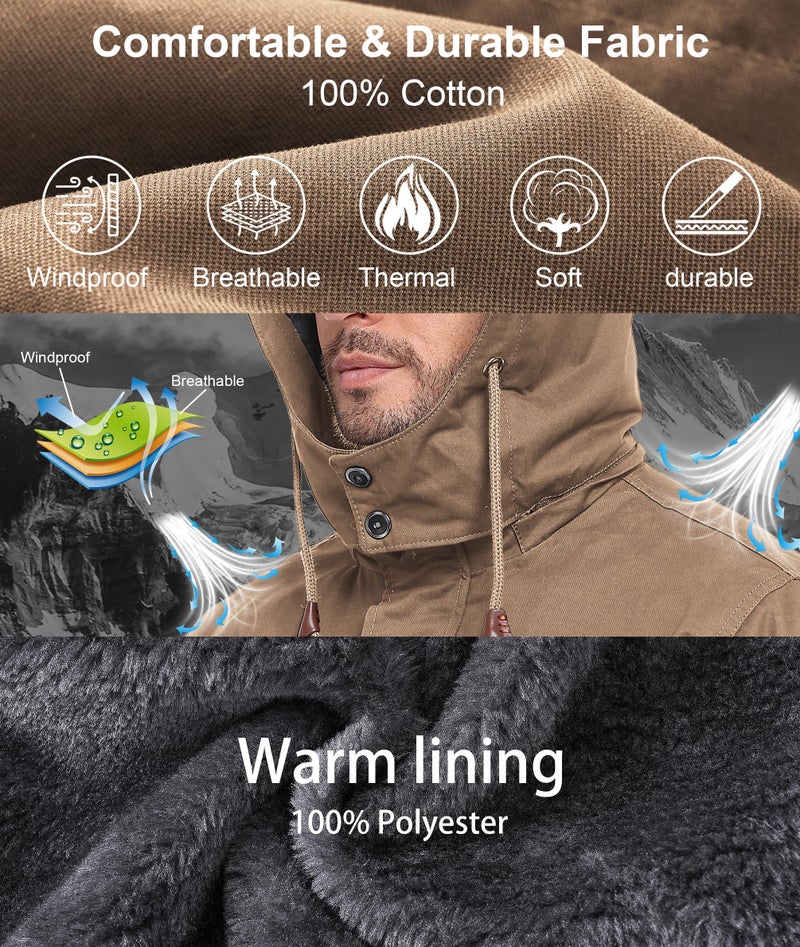 Zoofly Winter Coats for Men Insulated Fleece Lining Cargo Work Jackets Heavyweight Warm Jackets with Multi Pockets Khaki XL - Image 4