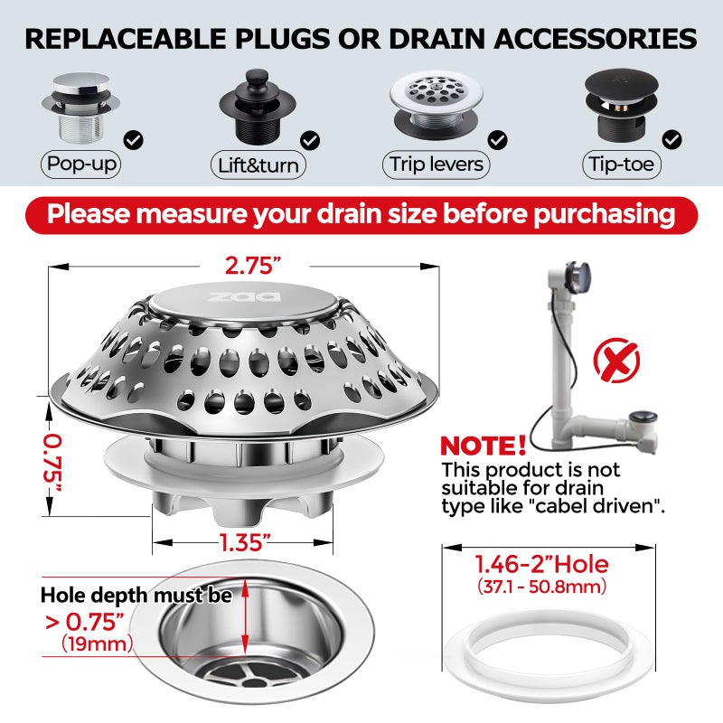 zaa Bathtub Drain Stopper, Upgraded 2in1 Tub Stopper Bathtub Drain Cover and Hair Catcher, Pop Up Bathtub Drain Plug, Replaces Lift & Turn, Tip-Toe or Trip Lever, for 1.46-2" W Drain Hole, Silver - Image 3
