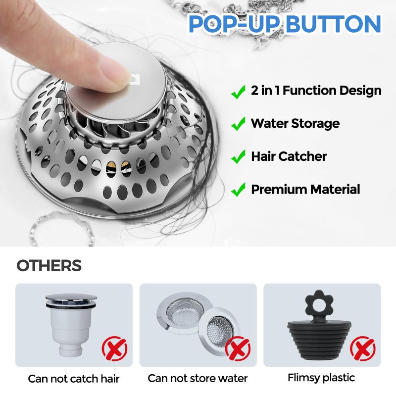 zaa Bathtub Drain Stopper, Upgraded 2in1 Tub Stopper Bathtub Drain Cover and Hair Catcher, Pop Up Bathtub Drain Plug, Replaces Lift & Turn, Tip-Toe or Trip Lever, for 1.46-2" W Drain Hole, Silver - Image 5