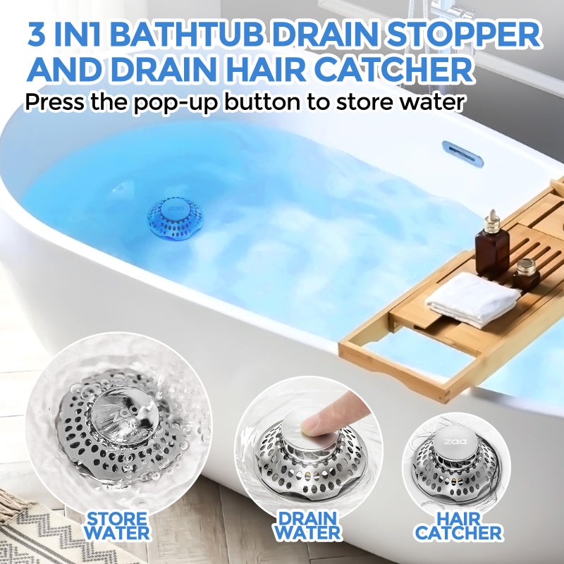 zaa Bathtub Drain Stopper, Upgraded 2in1 Tub Stopper Bathtub Drain Cover and Hair Catcher, Pop Up Bathtub Drain Plug, Replaces Lift & Turn, Tip-Toe or Trip Lever, for 1.46-2" W Drain Hole, Silver - Image 2