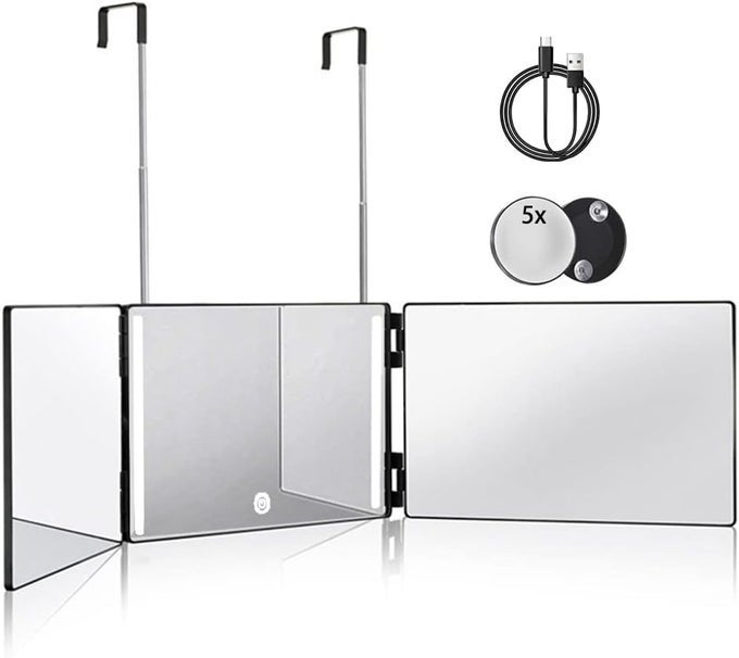 3 WAY MIRROR FOR HAIR CUTTING WITH LED,360 TRIFOLD WITH HEIGHT ADJUSTABLE TELESCOPING HOOKS,AND 5X MAGNIFICATION,FOR MAKEUP AND STYLING (BLACK)
