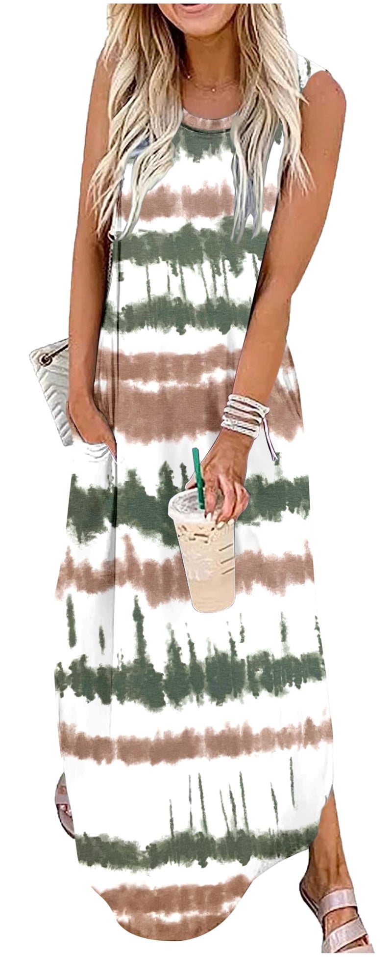 Womens Floral Boho Summer Dresses Casual Loose Sundress Long Dresses Striped Sleeveless Beach Maxi Dresses with PocketsMediumTie Dye Striped 1