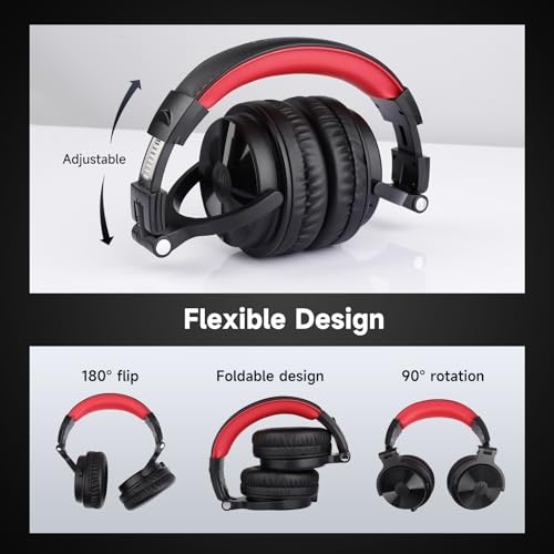 OneOdio Bluetooth Over Ear Headphones, 110 Hrs Wireless/Wired Stereo Sound Foldable Headsets with Deep Bass 50mm Neodymium Drivers for PC/Phone/Tablet - Studio Wireless Pro C, Red - Image 5