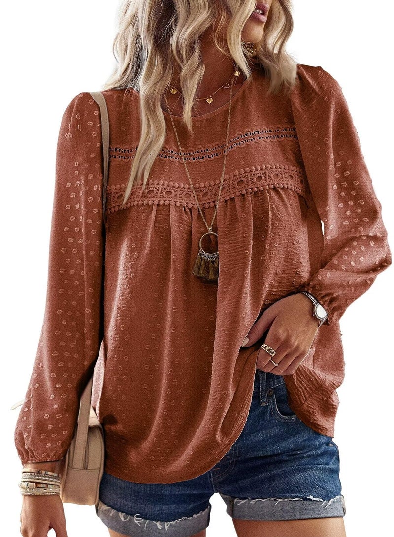 Falechay Cute Tops Womens Tunic Tops to Wear with Leggings Spring Shirts for Women Dressy Casual Lace Crochet Crew Neck Long Sleeve Cute Blouses Boho Clothing Plus Size XL Orange - Image 1